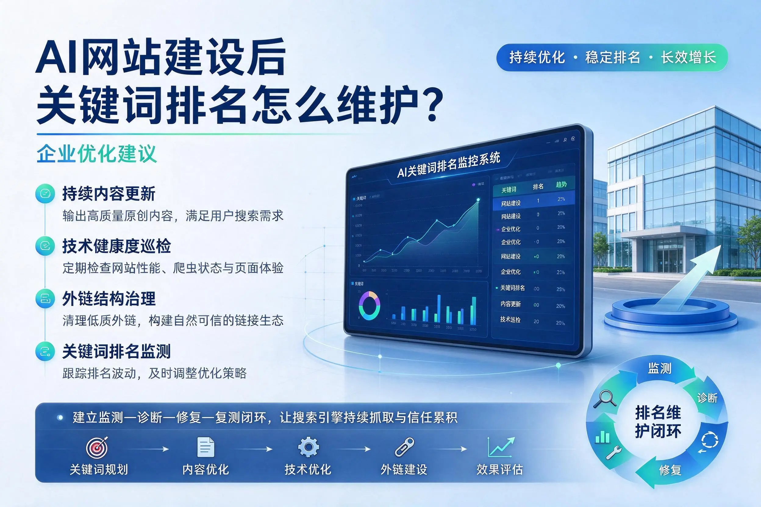 AI网站建设后关键词排名怎么维护?阜阳企业优化建议